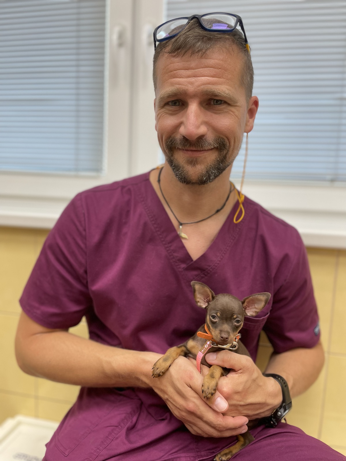Veterinárny lekár kliniky ZVERLAND Piešťany so psom